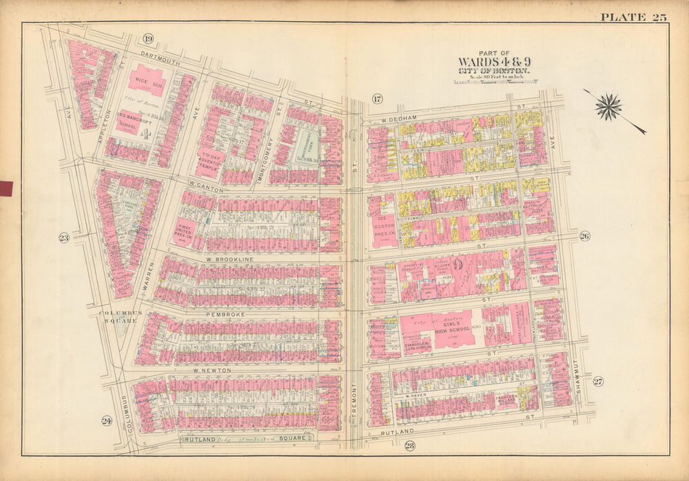 Boston #25 South End. Columbus Ave/Square to Shawmut Ave. BROMLEY 1928 old map