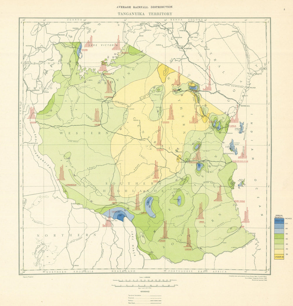 Tanzania Rainfall Distribution. Tanganyika Lands & Mines Dept 1948 old map