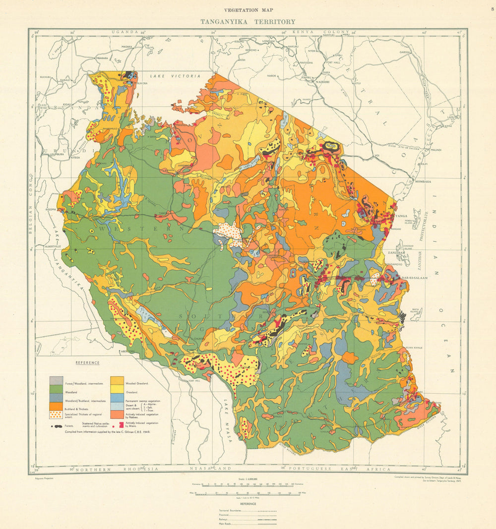 Tanganyika Territory Vegetation Map. Tanzania. Department of Lands & Mines 1948