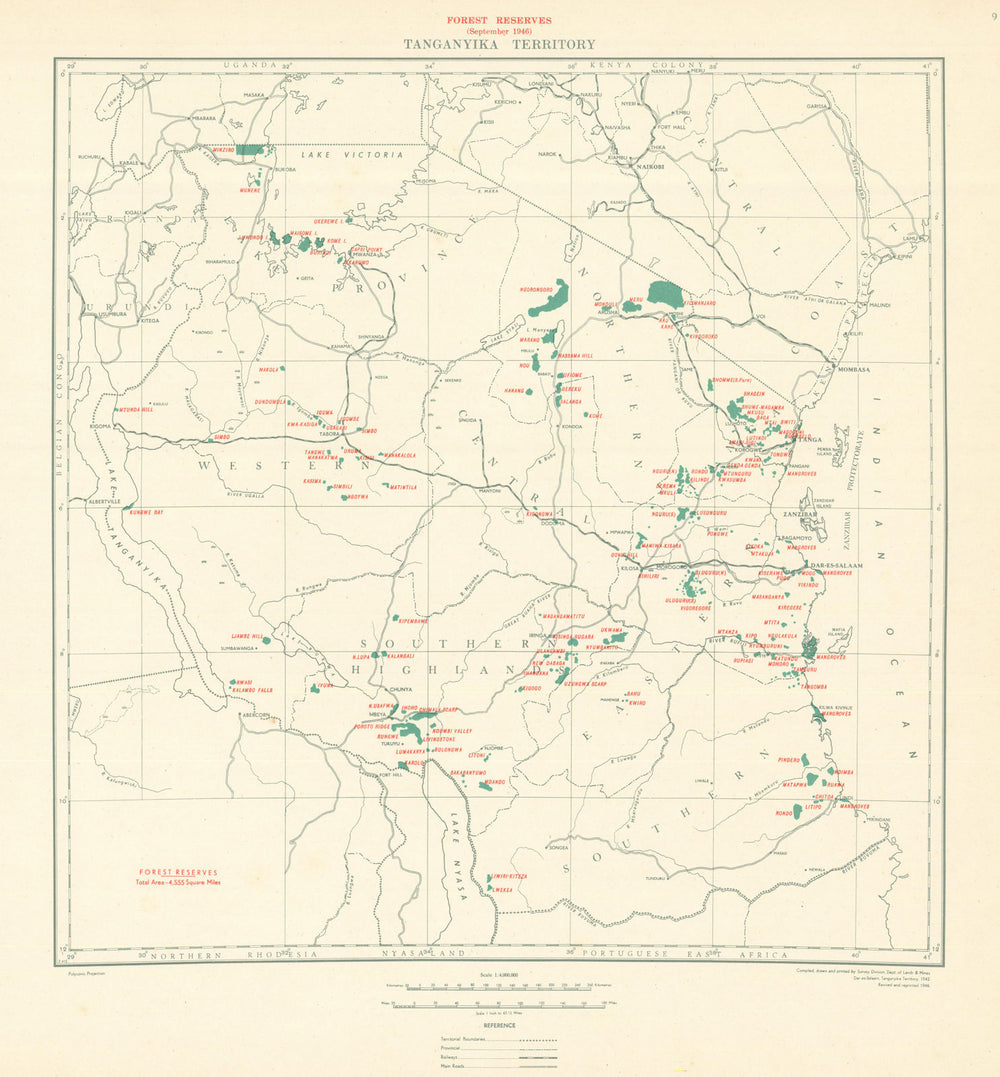 Tanganyika Territory Forest Reserves. Tanzania. Dept of Lands & Mines 1948 map