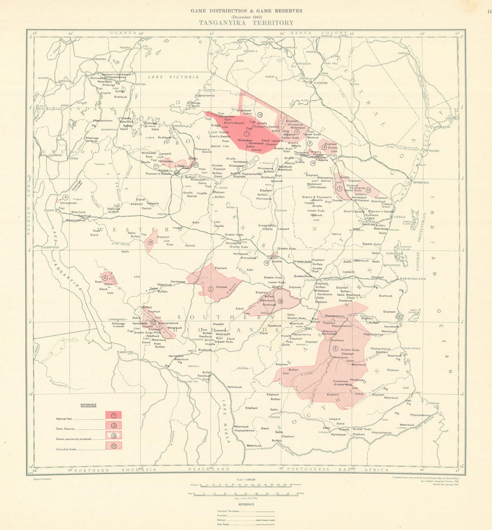 Tanganyika Territory Game Reserves & Distribution. Tanzania 1948 old map