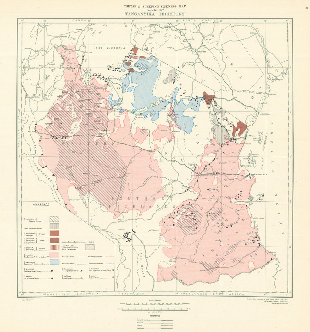 Tanganyika Territory Tsetse & Sleeping Sickness Map. Tanzania 1948 old