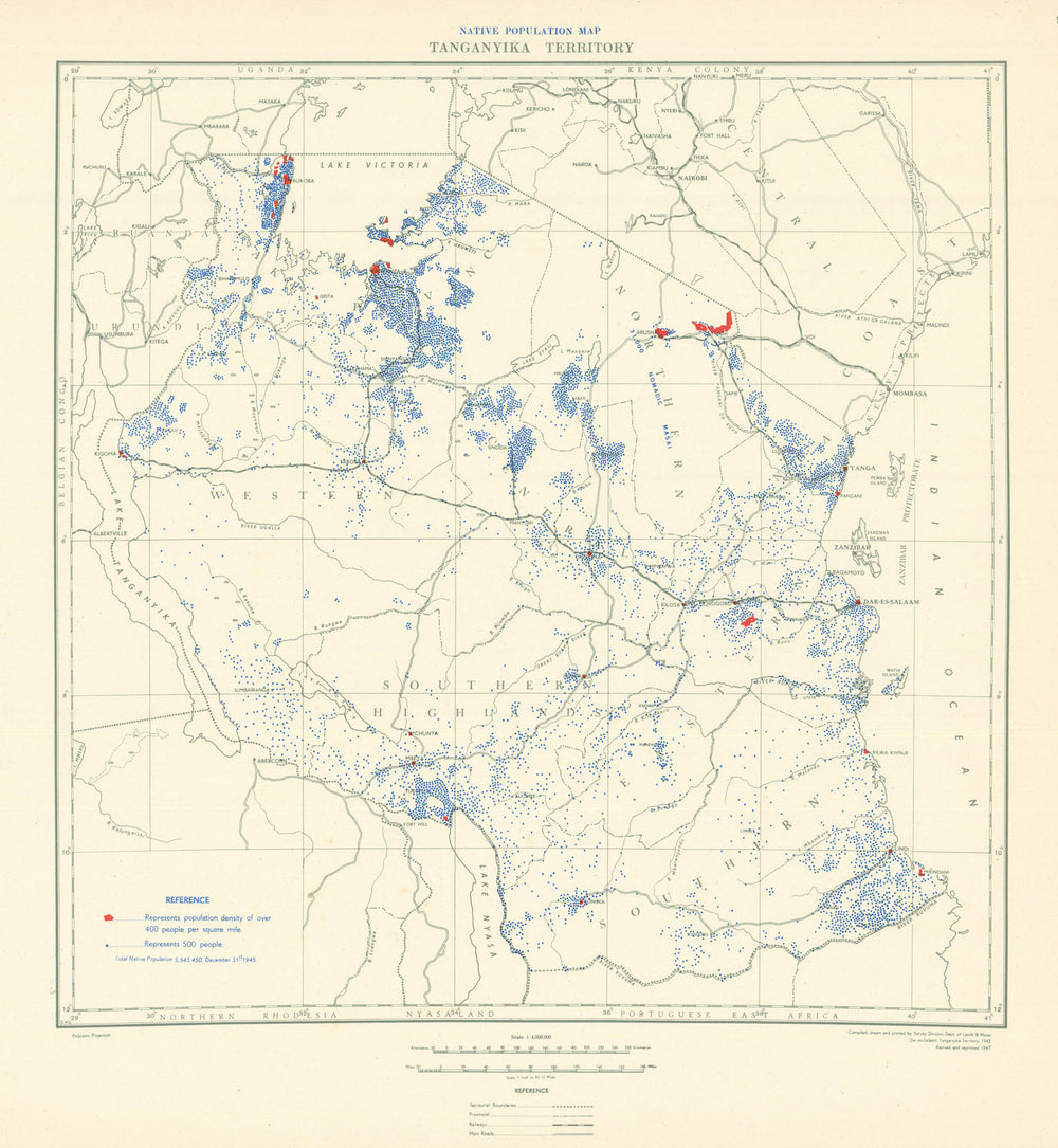 Tanganyika Territory Native Population Map. Tanzania. Dept of Lands & Mines 1948