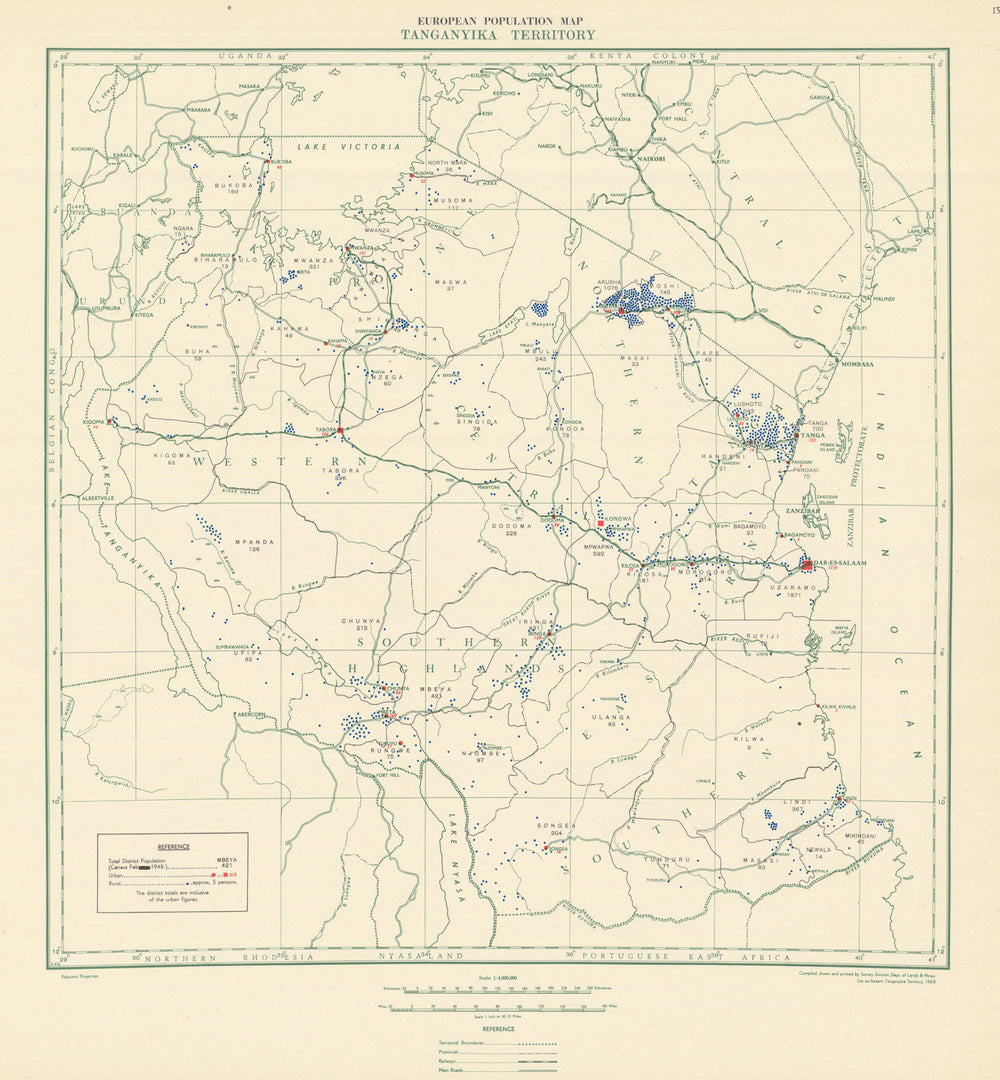Tanganyika Territory European Population Map. Tanzania. Lands & Mines Dept 1948