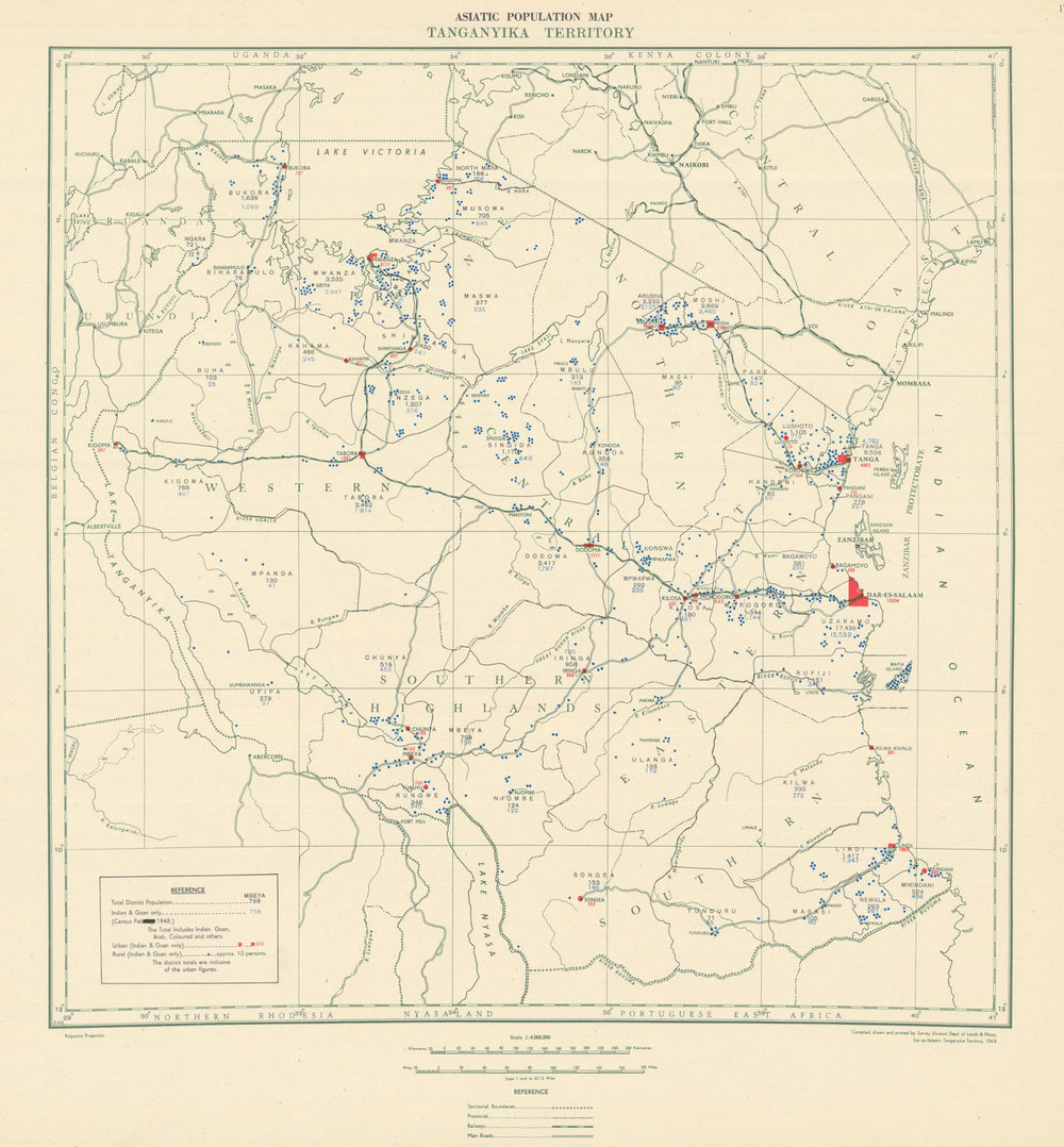 Tanganyika Territory Asiatic Population Map. Tanzania. Lands & Mines Dept 1948