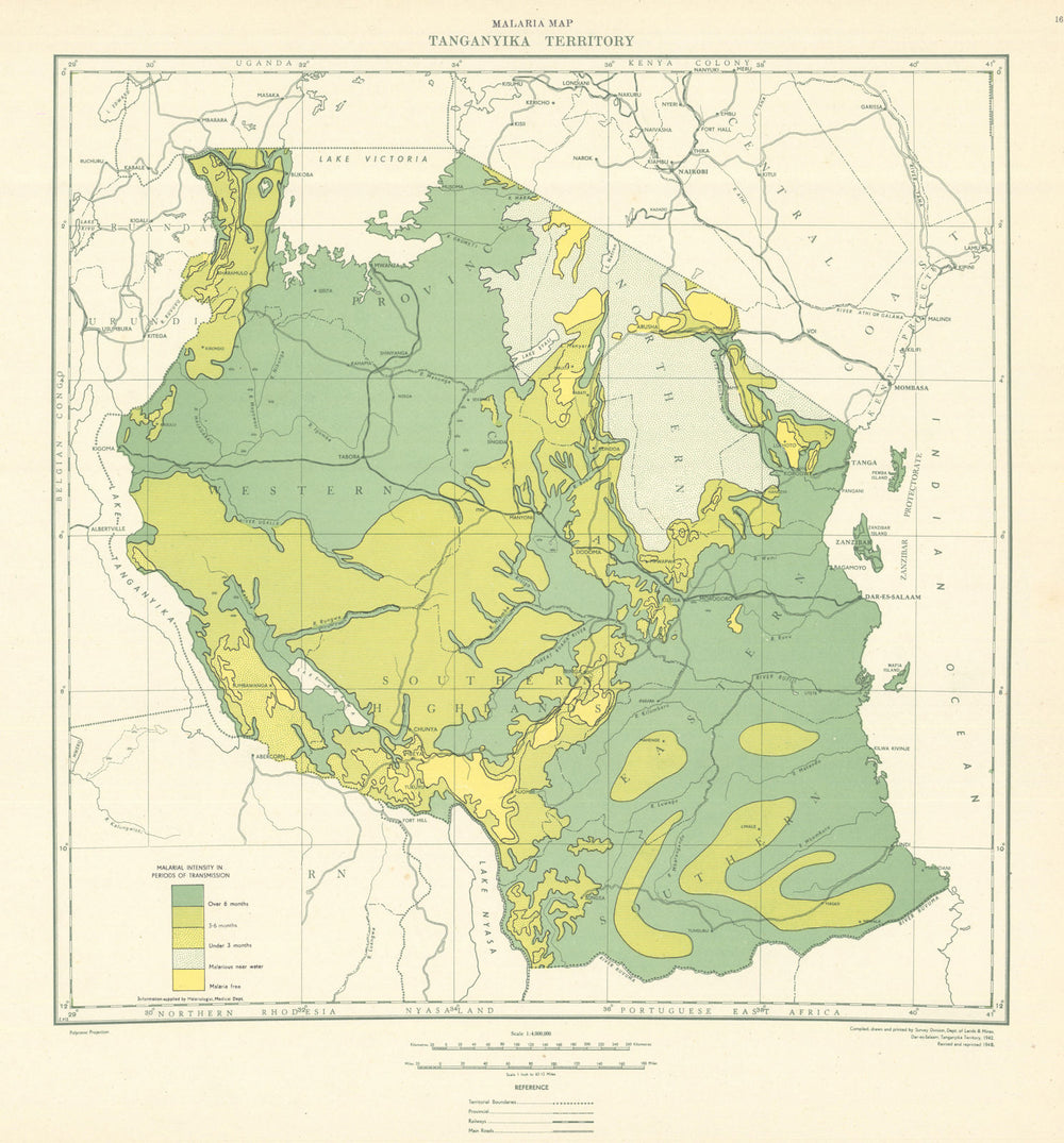 Tanganyika Territory Malaria Map. Tanzania. Department of Lands & Mines 1948