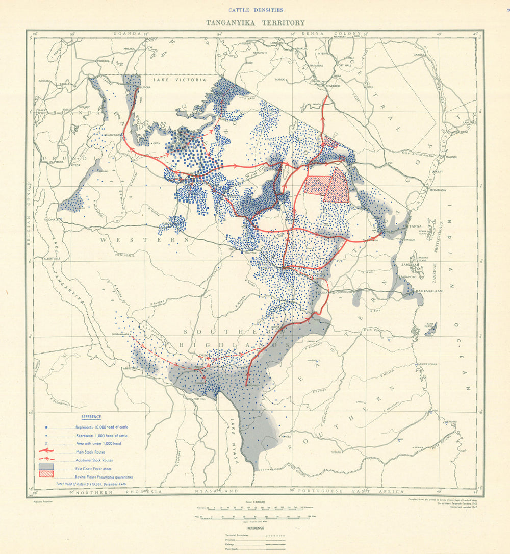 Tanganyika Territory Cattle Densities. Tanzania. Dept of Lands & Mines 1948 map