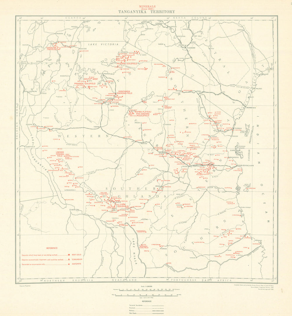 Tanganyika Territory Minerals. Tanzania. Gold & Diamonds. Lands & Mines 1948 map
