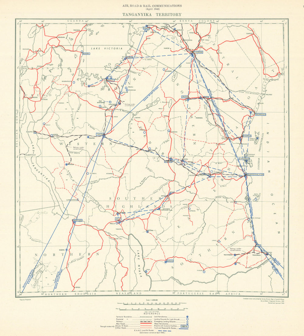 Tanganyika Territory Air, Road & Rail Communications. Tanzania 1948 old map