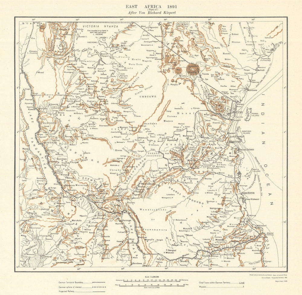 East Africa 1891 after Richard Kiepert. Tanzania. Lands & Mines Dept 1948 map