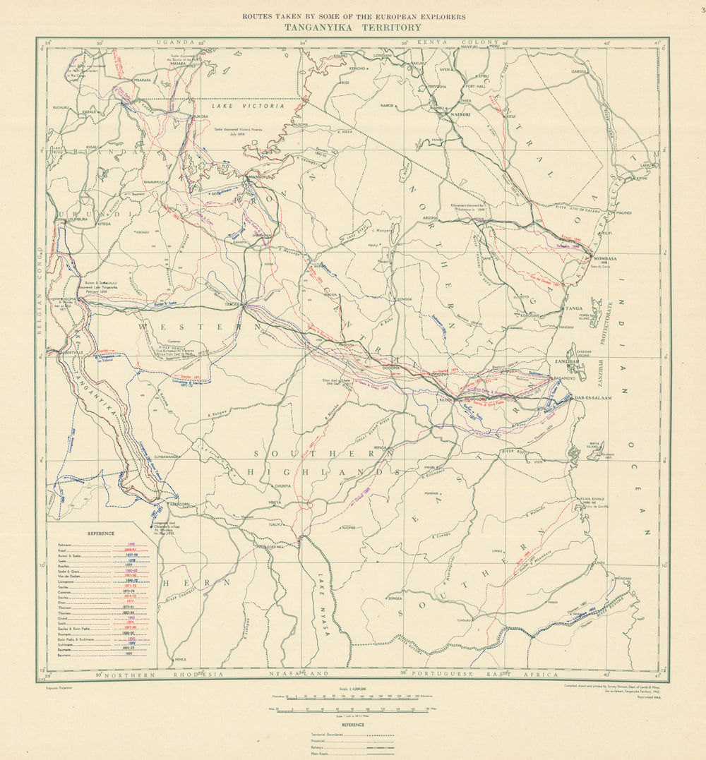 Tanganyika Territory Routes taken by the European Explorers. Tanzania 1948 map