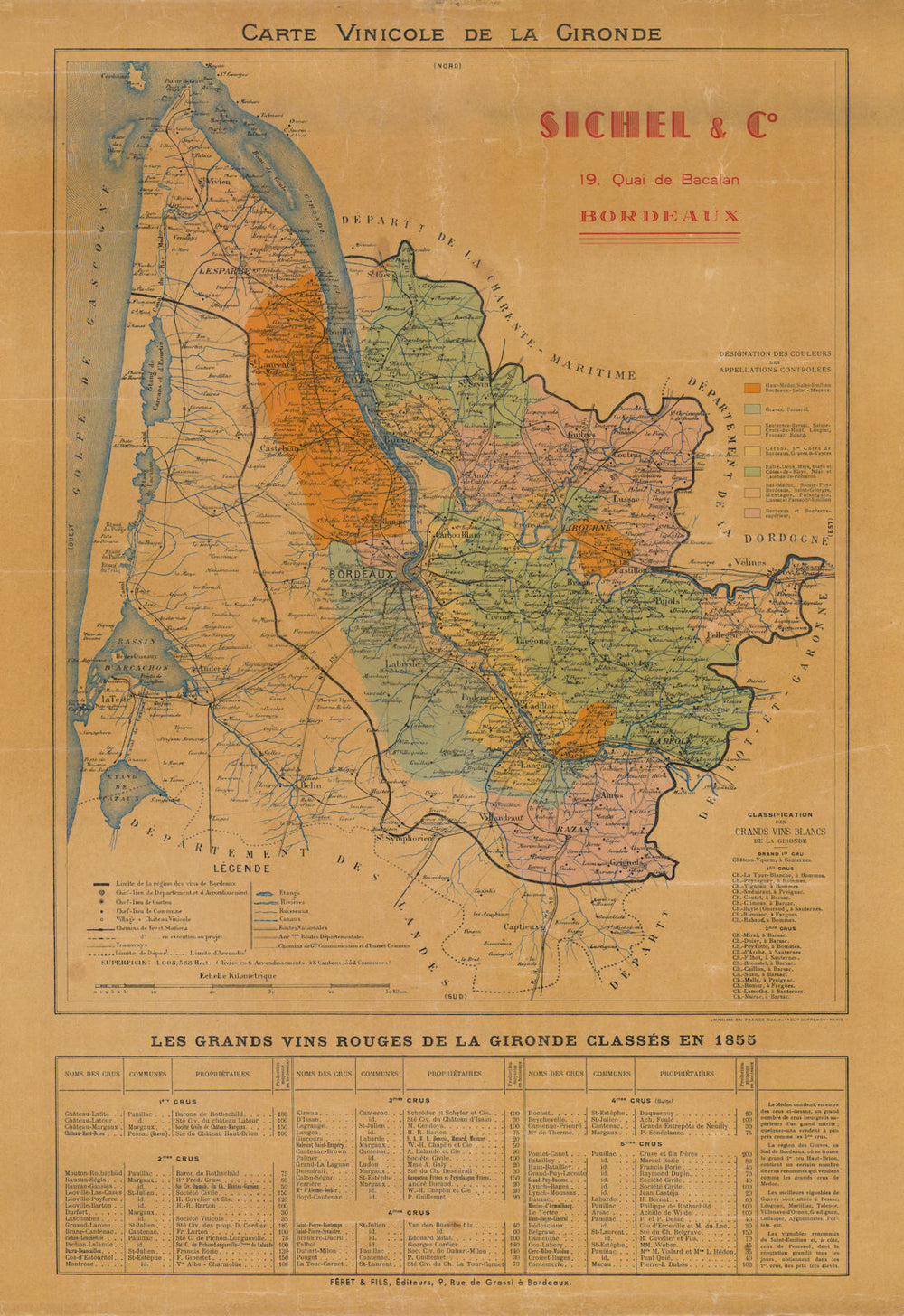 Carte Vinicole de la Gironde. Bordeaux Wine. Féret for Sichel & Co c1929 map
