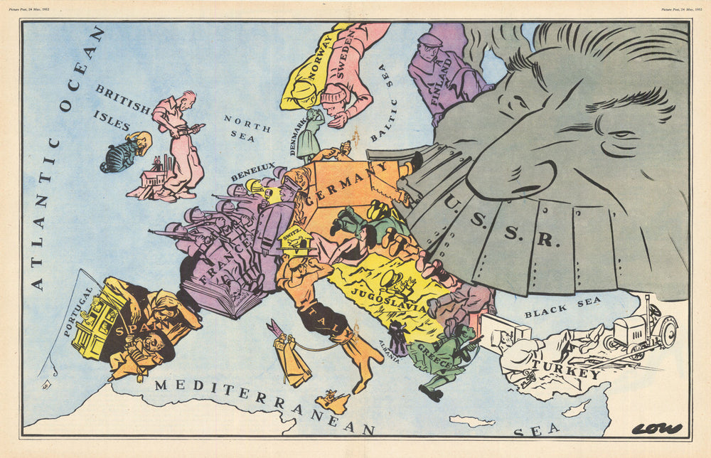 Serio-comic Satirical Map of Cold War Europe by David Low. Picture Post 1952