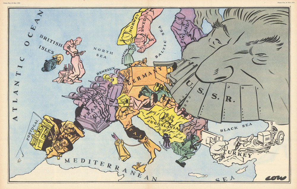 Serio-comic Satirical Map of Cold War Europe by David Low. Picture Post 1952