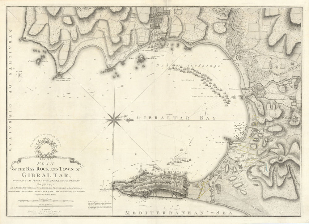 Plan of the Bay, Rock and Town of Gibraltar… by William Faden 1783 old map