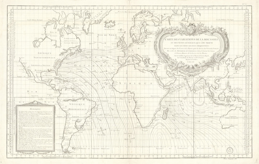 Carte des variations de la boussole… World. Dépôt de la Marine/Bellin 1765 map