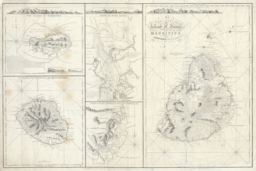 A New Chart of the Island of France or Mauritius. Réunion. Norie 1832 old map