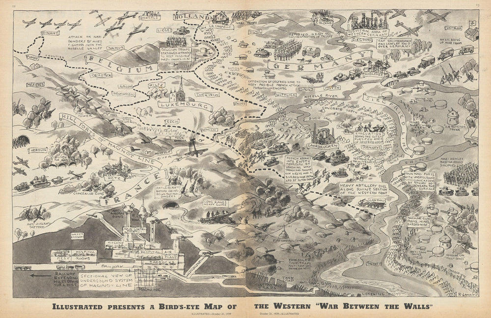 A bird’s-eye map of the western "War Between the Walls" WW2. Ronald Lampitt 1939