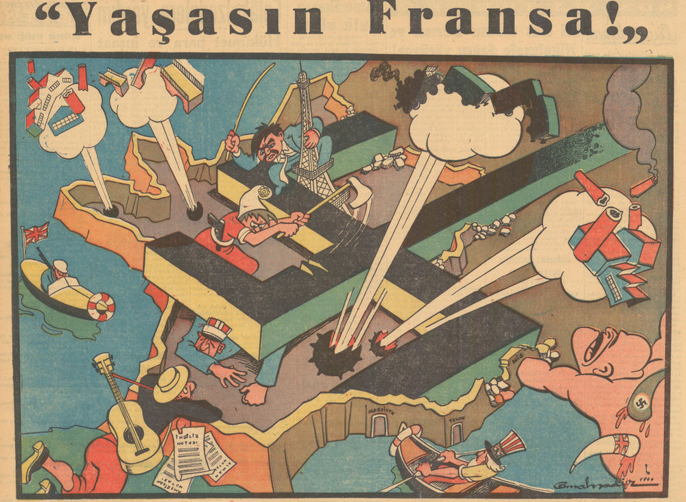 Yaşasın Fransa! Long live France! Turkish WW2 serio-comic map. Cemal Nadir 1944