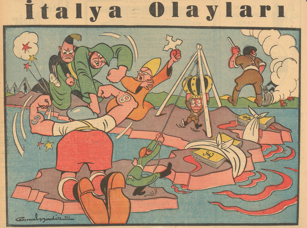 İtalya Olayları. Events in Italy. Turkish WW2 serio-comic map. Cemal Nadir 1944