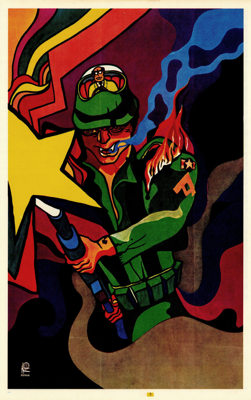 Untitled burning American Imperialist GI. OSPAAAL Cuban propaganda poster c1968