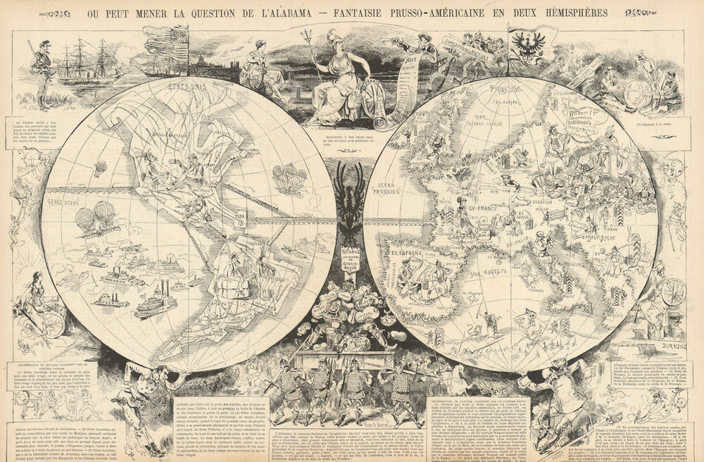 Fantaisie prusso-américaine en 2 hémisphères. French paranoia satirical map 1872