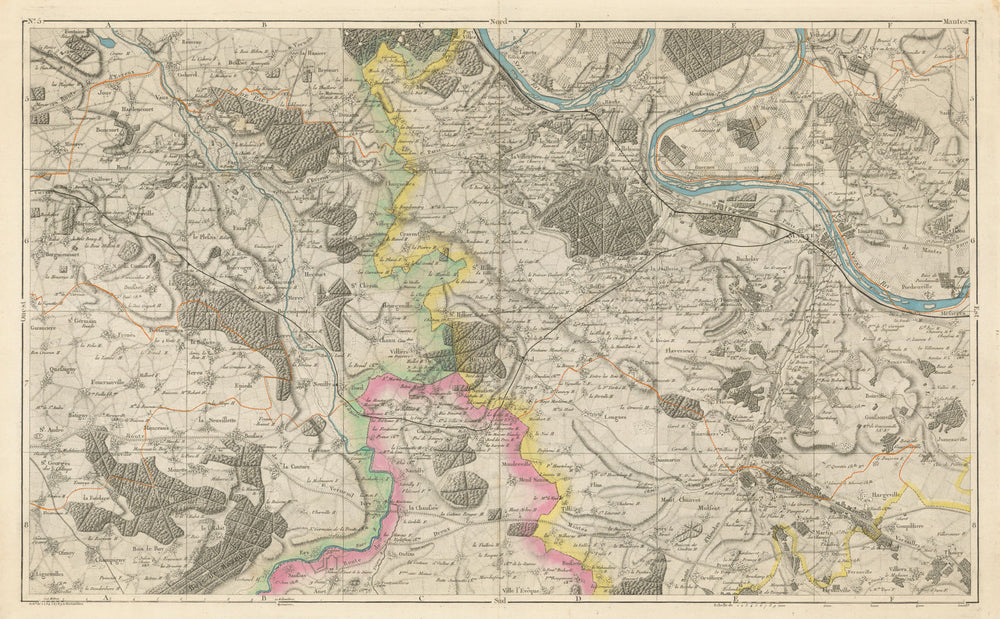 Yvelines—Eure. Mantes-la-Jolie, Limay, Anet, Ivry. Piquet 1856 old antique map