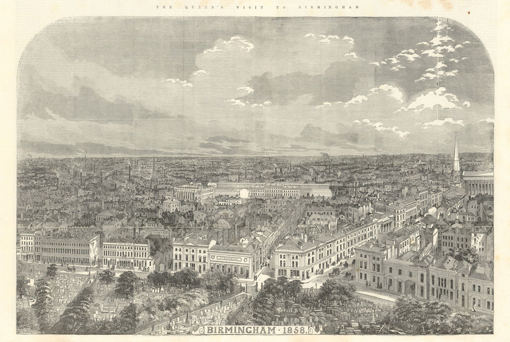 The Queen's visit to Birmingham 1858. ILN bird's eye view panorama 1858 print