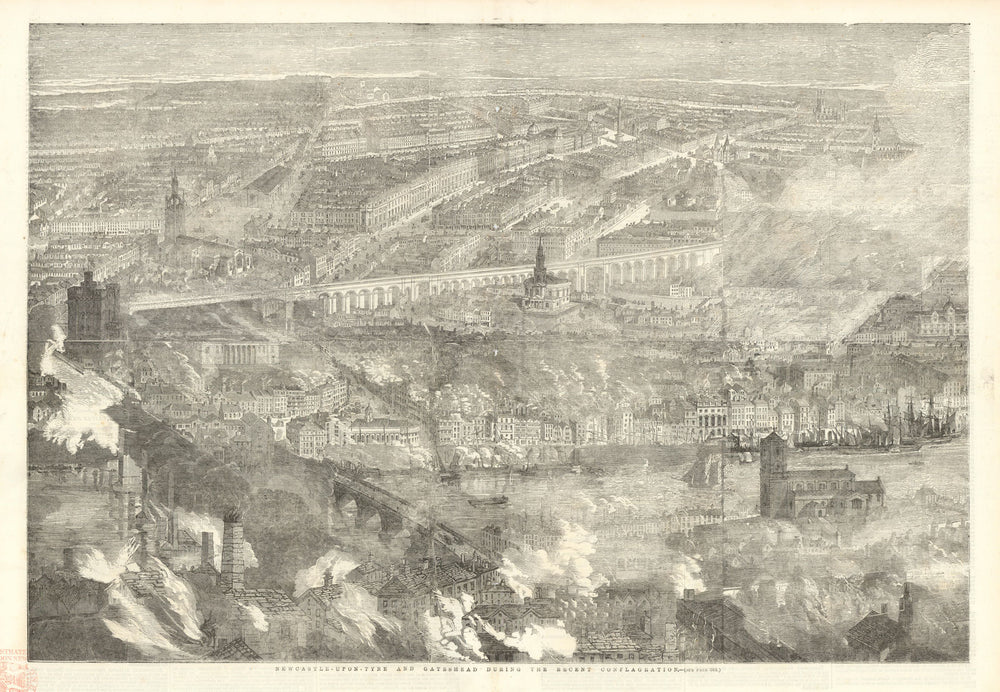 Newcastle-Upon-Tyne & Gateshead during the great fire. ILN bird's eye view 1854