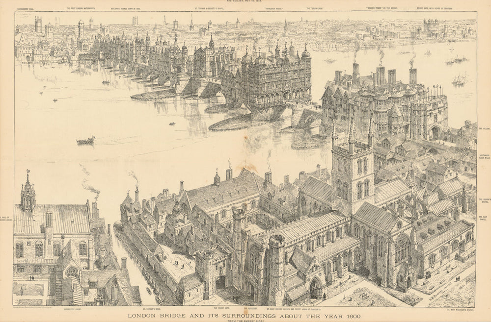 London Bridge & surroundings circa 1600 by H.W. Brewer. Builder panorama 1884