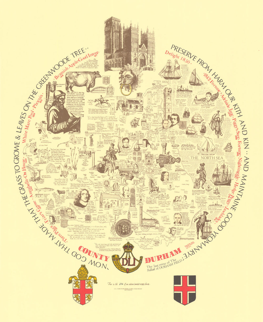 County Durham pictorial miscellany map by Joseph Lloyd Carr 1982 old
