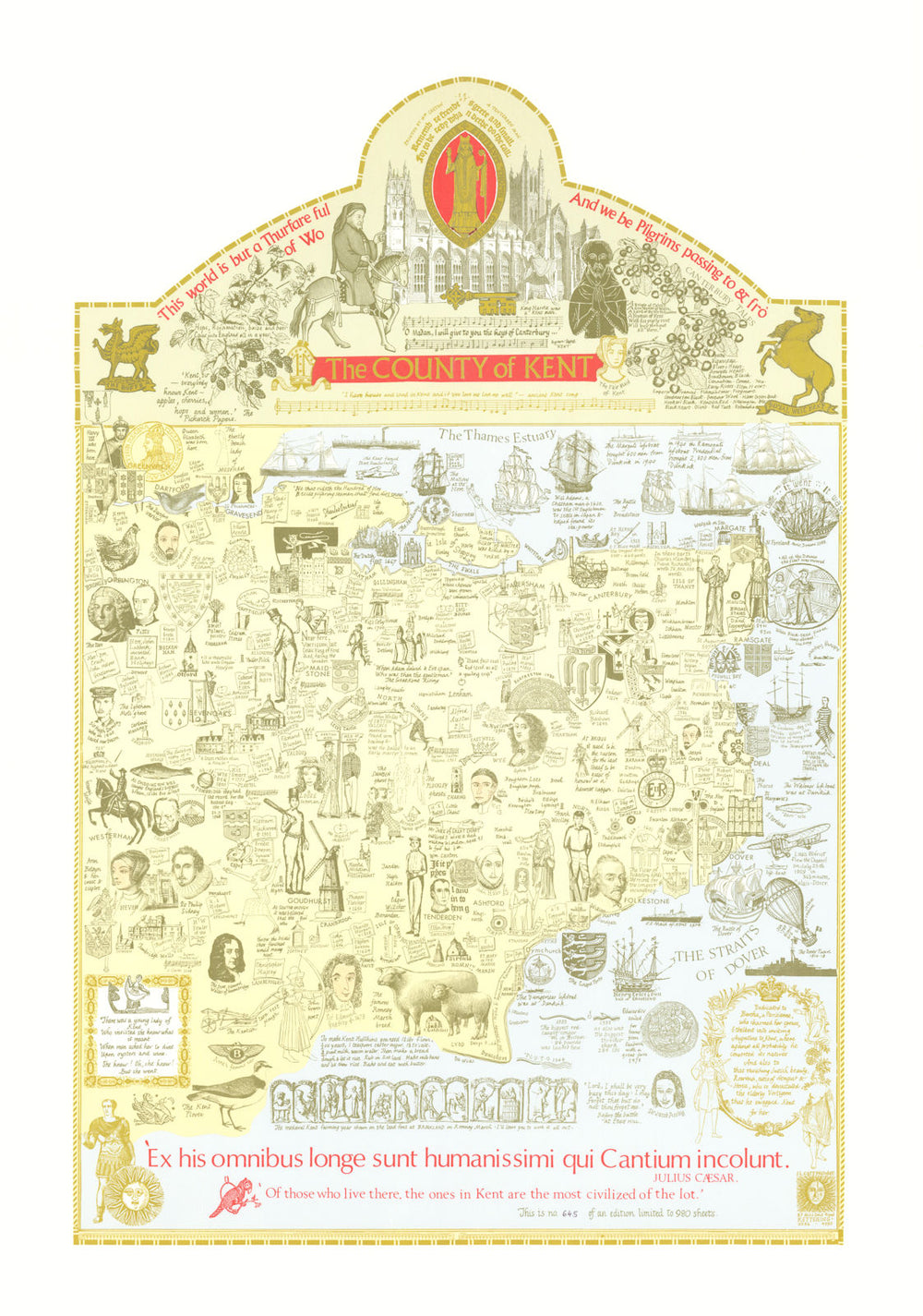 The County of Kent pictorial miscellany map by Joseph Lloyd Carr 1980 old