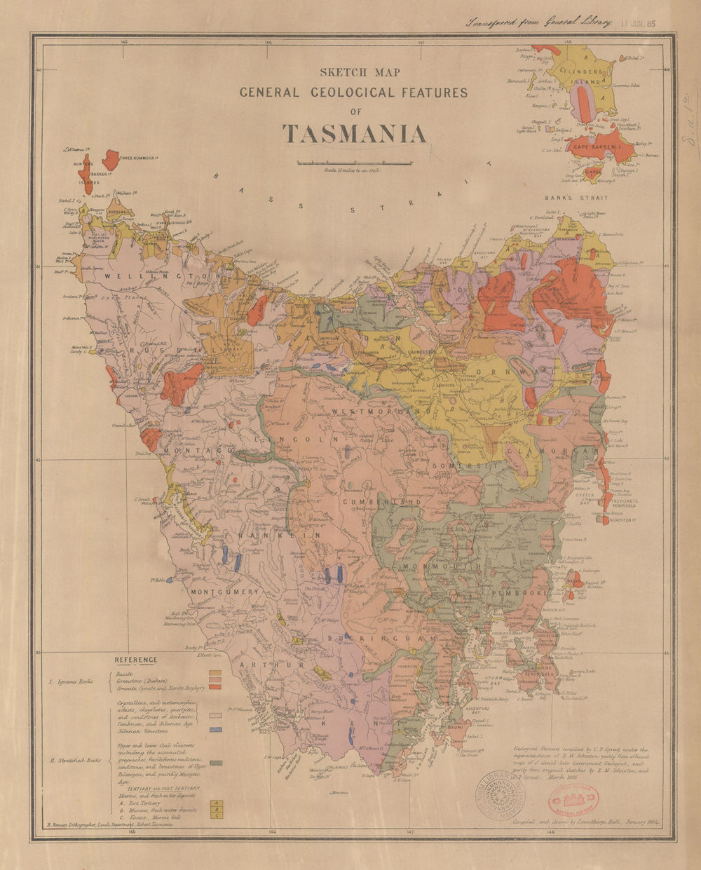 Sketch map—General geological features of Tasmania—Sprent/Lands Department 1885