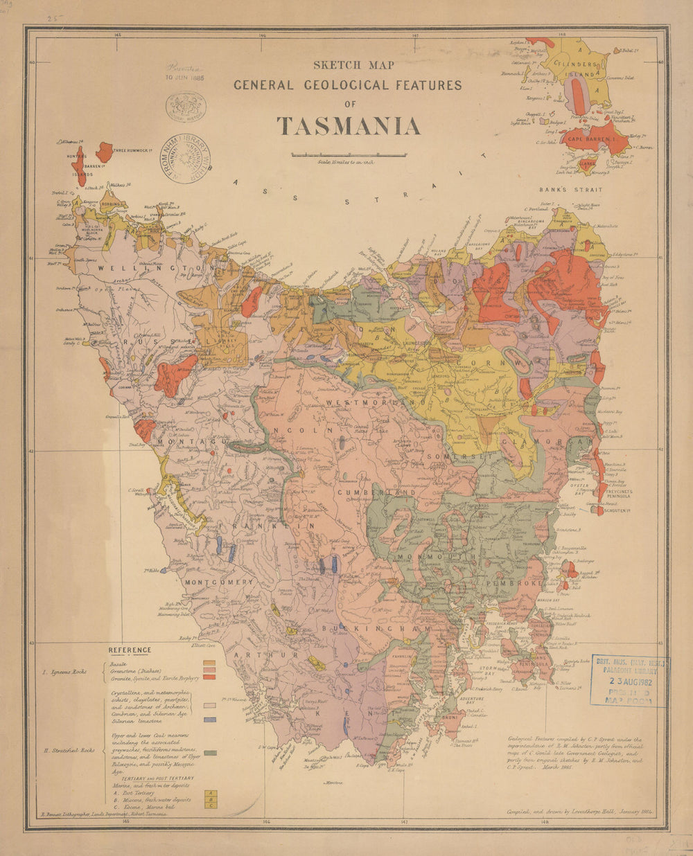 Sketch map—General geological features of Tasmania—Sprent/Lands Department 1885