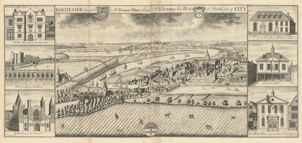 Large panoramic view of Rochester, Chatham & Strood by Badeslade & Harris 1719