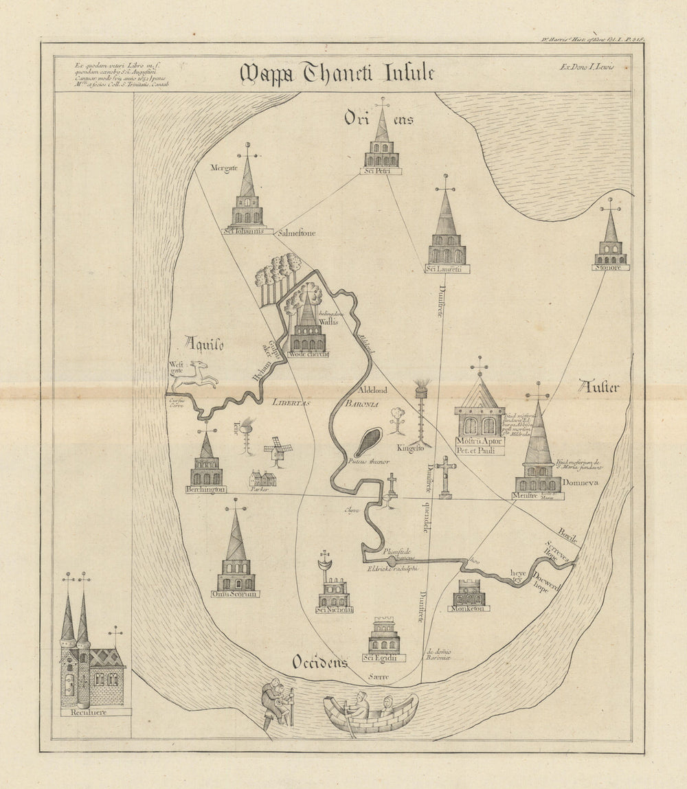 "Mappa Thaneti Insule". Isle of Thanet by Harris after a medieval map 1719