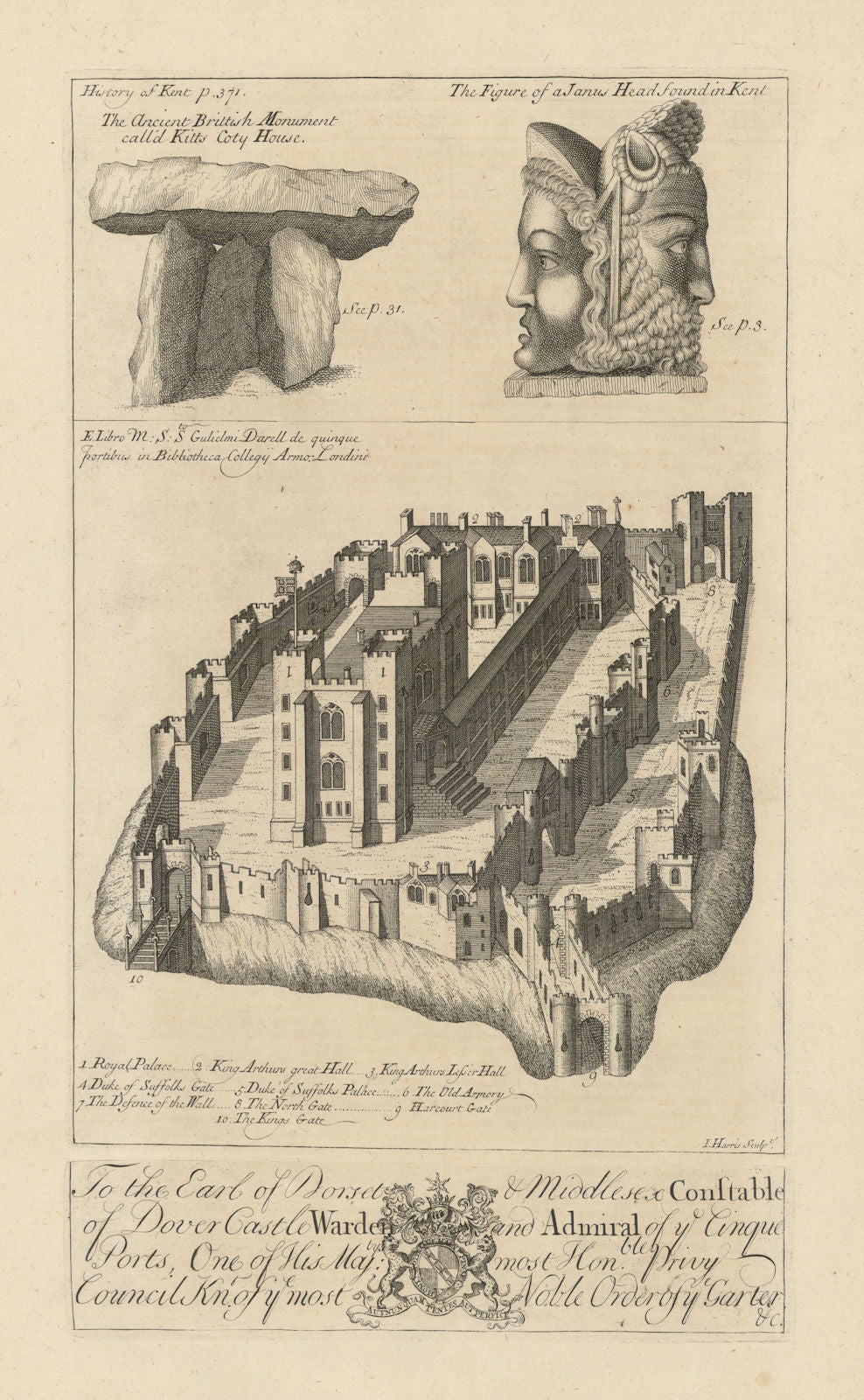 Bird's eye view of Dover Castle—Kit's Coty House—Kent—John Harris 1719 print