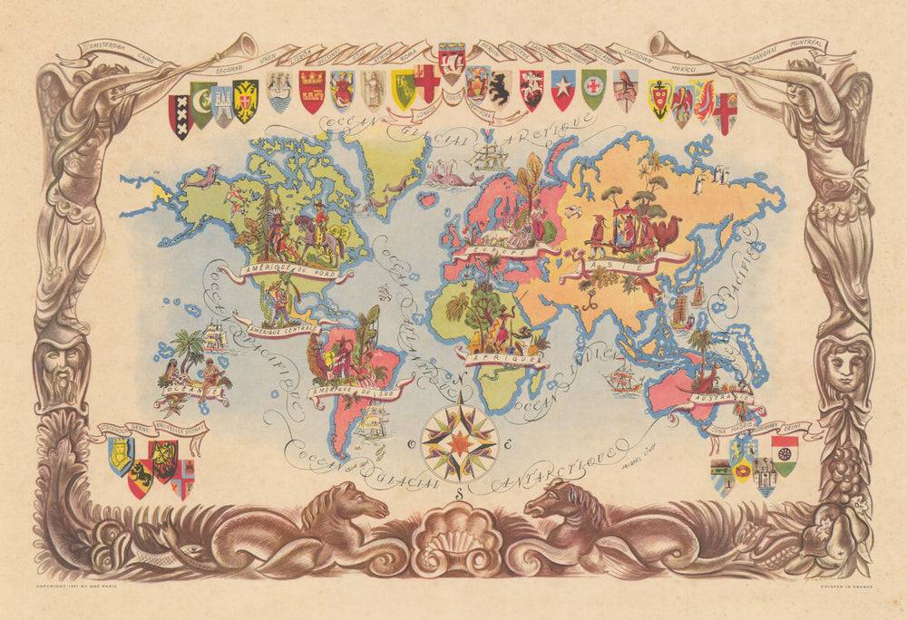 Pictorial map of the World by Jacques Liozu 1951 old vintage plan chart