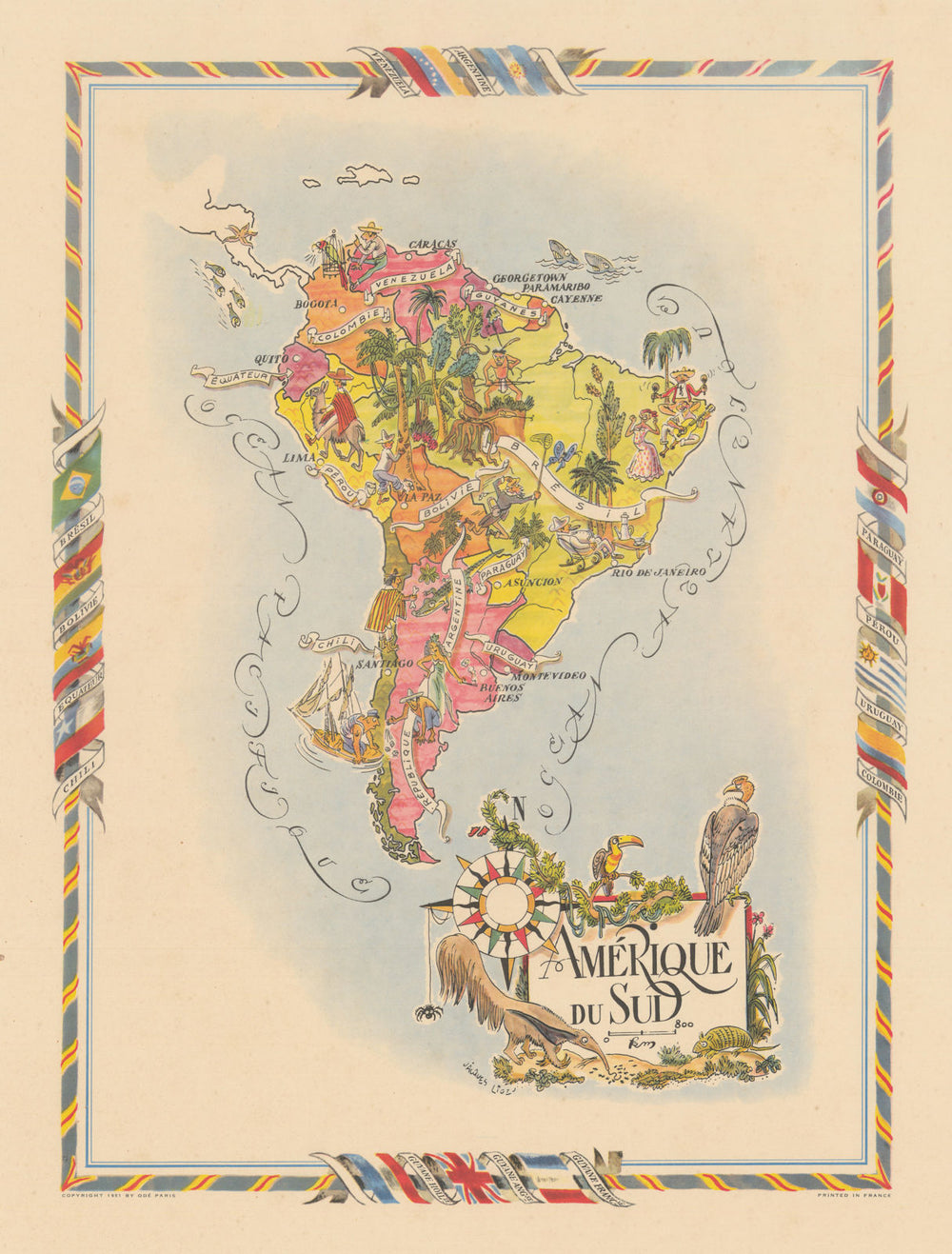 Amérique du Sud—Pictorial map of South America by Jacques Liozu 1951 old