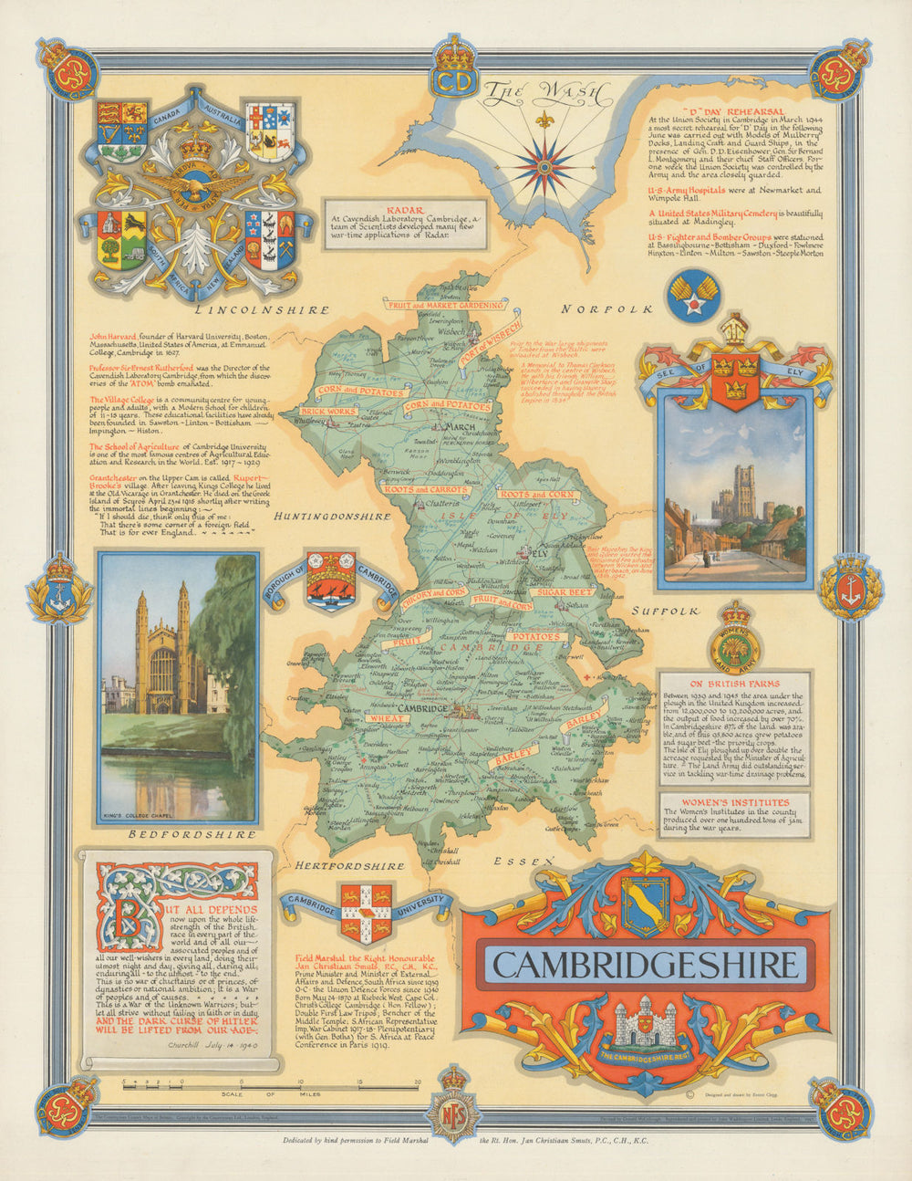 Cambridgeshire WW2 war effort county map by Ernest Clegg. Radar—US Military 1947