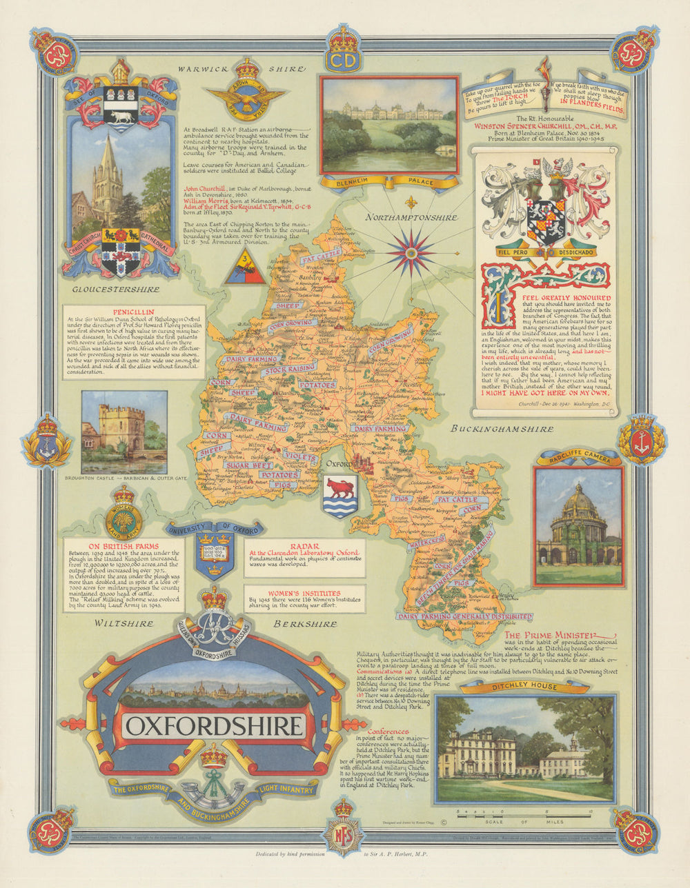 Oxfordshire WW2 war effort county map by Ernest Clegg. Penicillin—Radar 1947