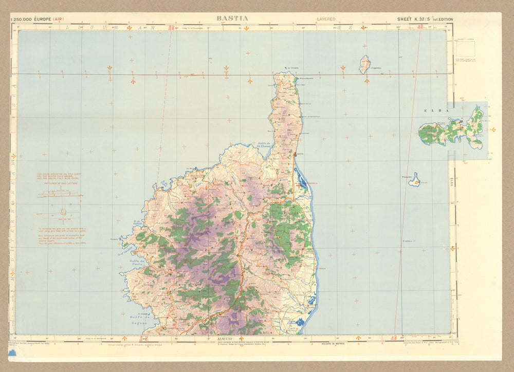 Northern Corsica—Bastia—Calvi—Elba—Sheet K.32/5—GSGS #3982—WW2 air map 1942