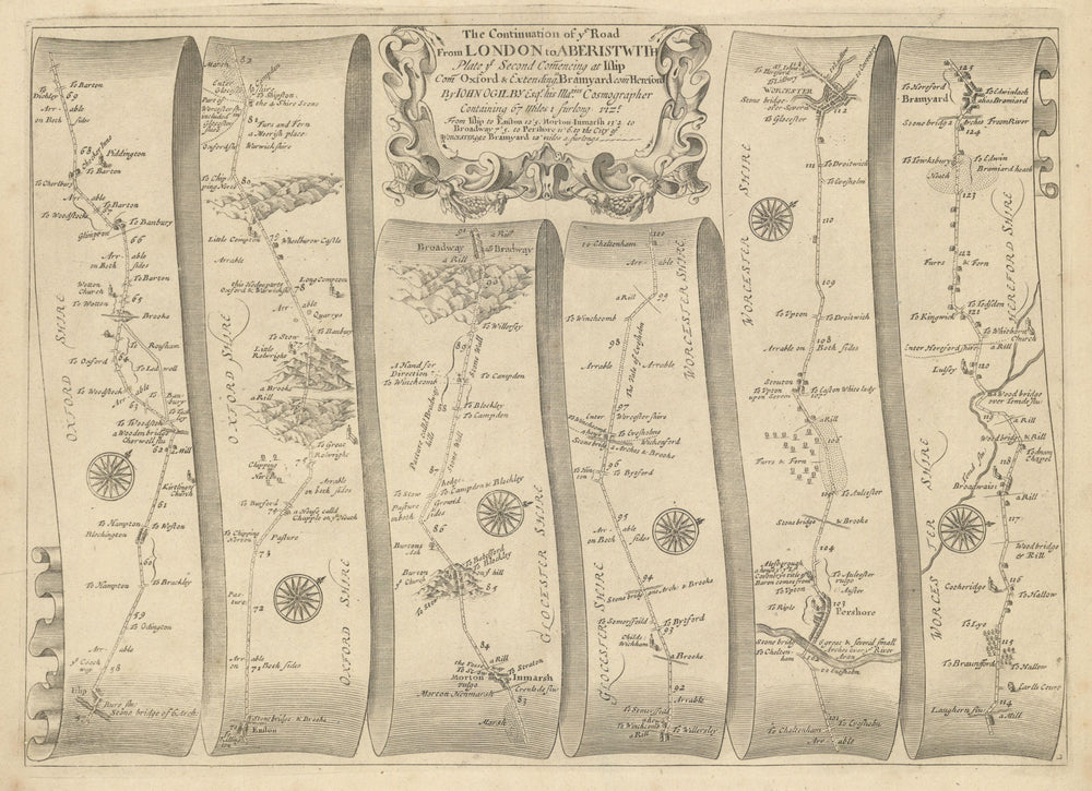 Islip–Moreton-in-Marsh–Broadway–Worcester–Bromyard–Ogilby road map #2 1675