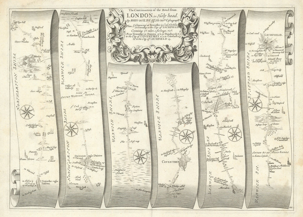 Towcester–Daventry–Dunchurch–Coventry–Lichfield–Ogilby road map #22 1675