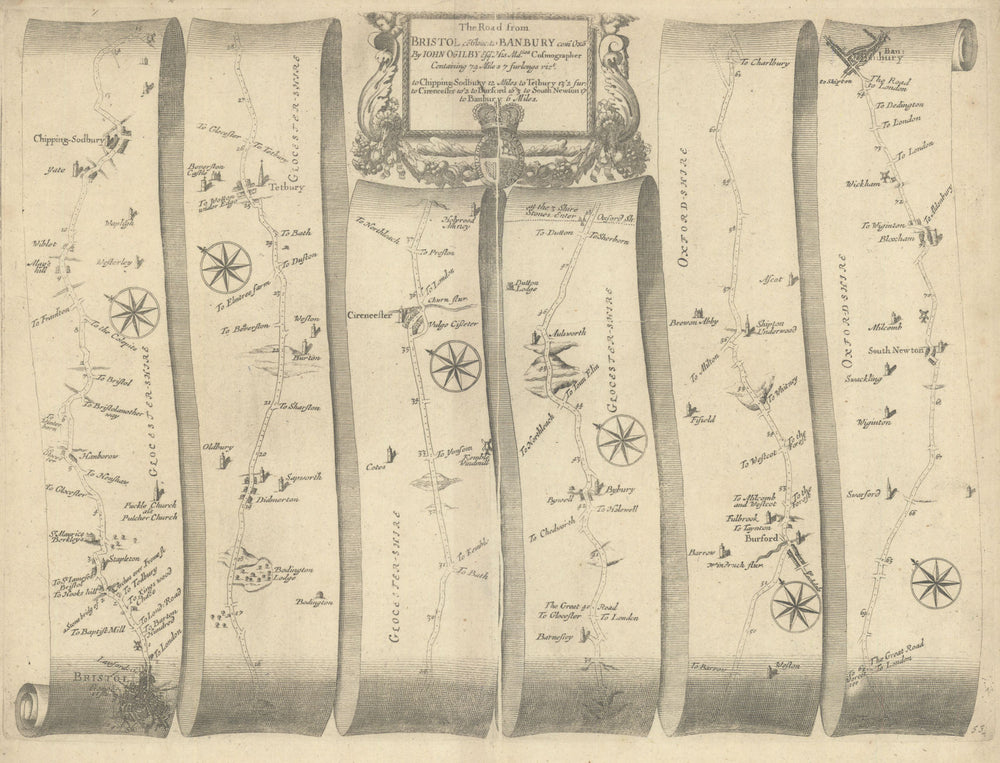 Bristol – Chipping Sodbury – Cirencester – Banbury –Ogilby road map #55 1675