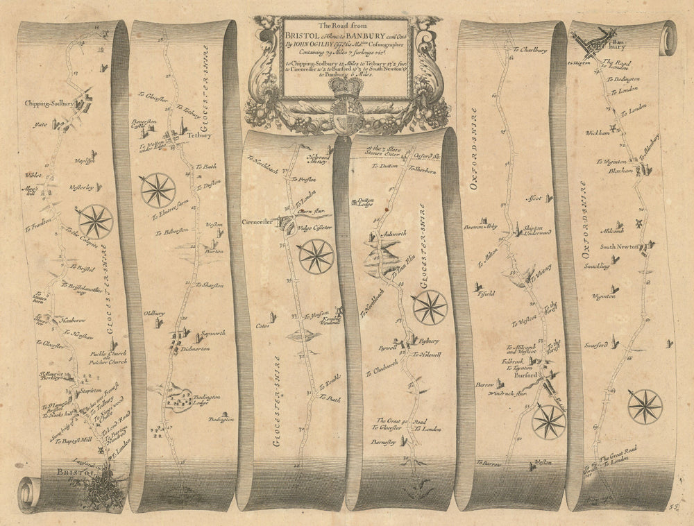 Bristol – Chipping Sodbury – Cirencester – Banbury –Ogilby road map #55 1675