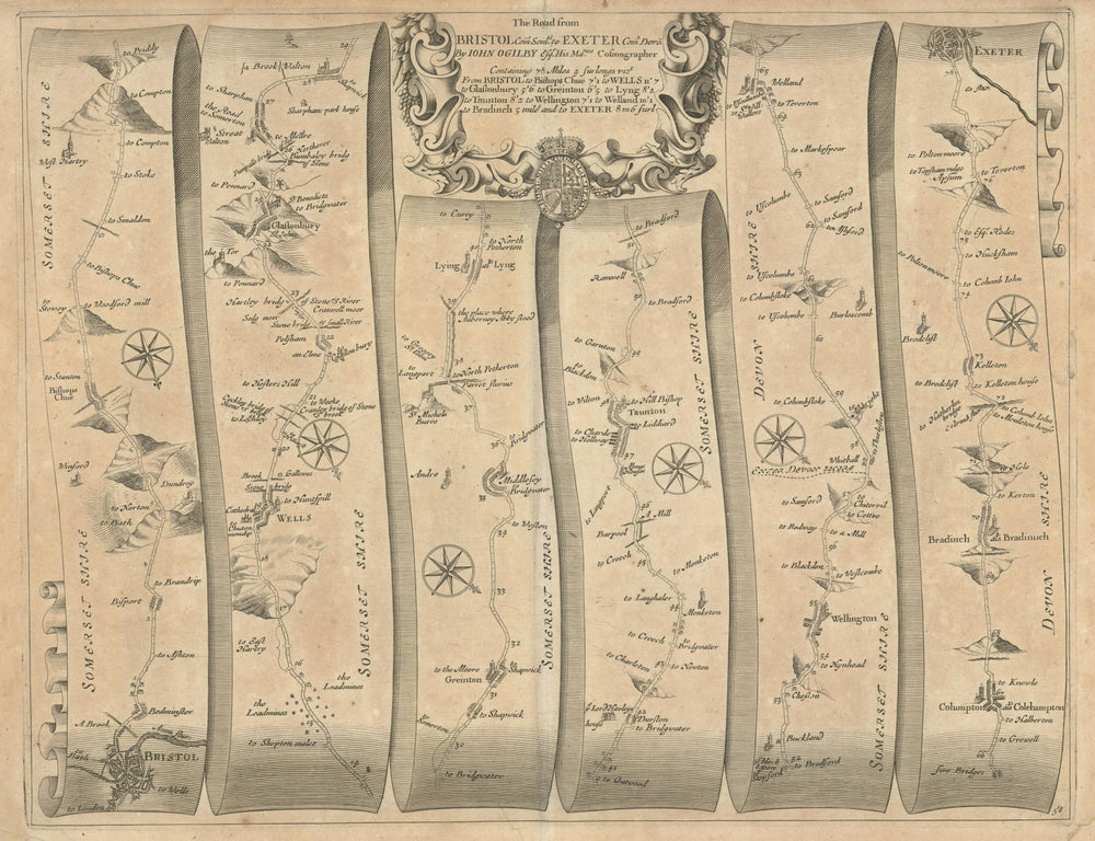 Bristol – Wells – Glastonbury – Taunton – Exeter – Ogilby road map #58 1675
