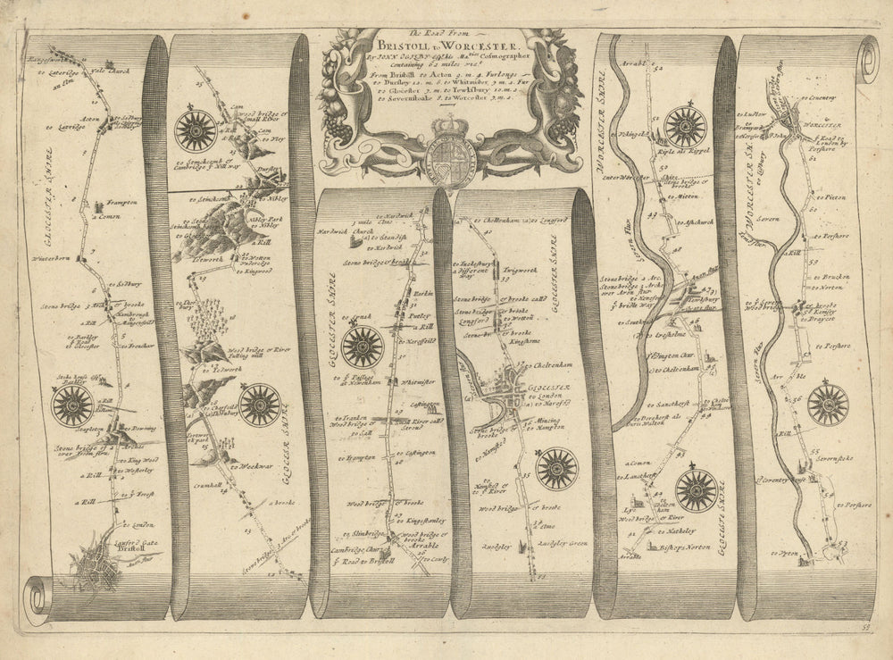 Bristol – Gloucester – Tewkesbury – Worcester – Ogilby road map #59 1675