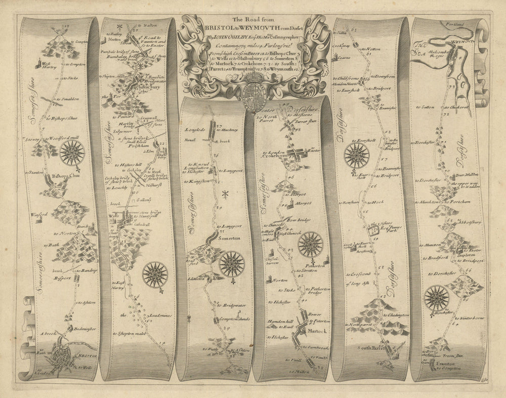 Bristol – Wells – Glastonbury – Crewkerne –Weymouth–Ogilby road map #60 1675