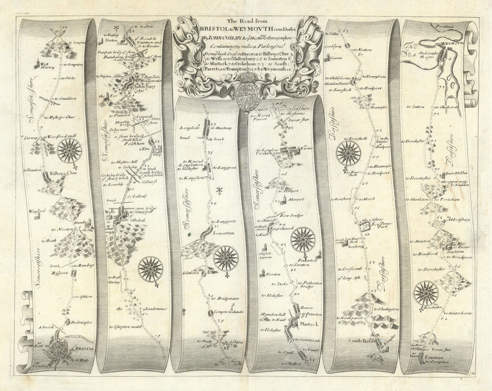 Bristol – Wells – Glastonbury – Crewkerne –Weymouth–Ogilby road map #60 1675